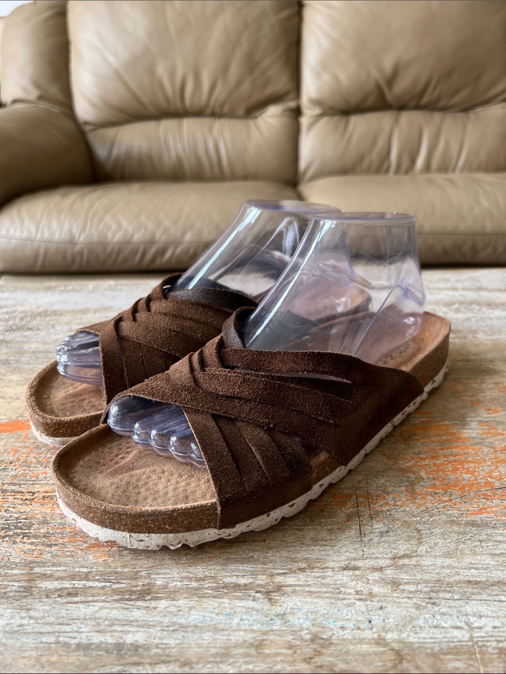 Biostep Brown Suede Crisscross Slide Sandals Size 8